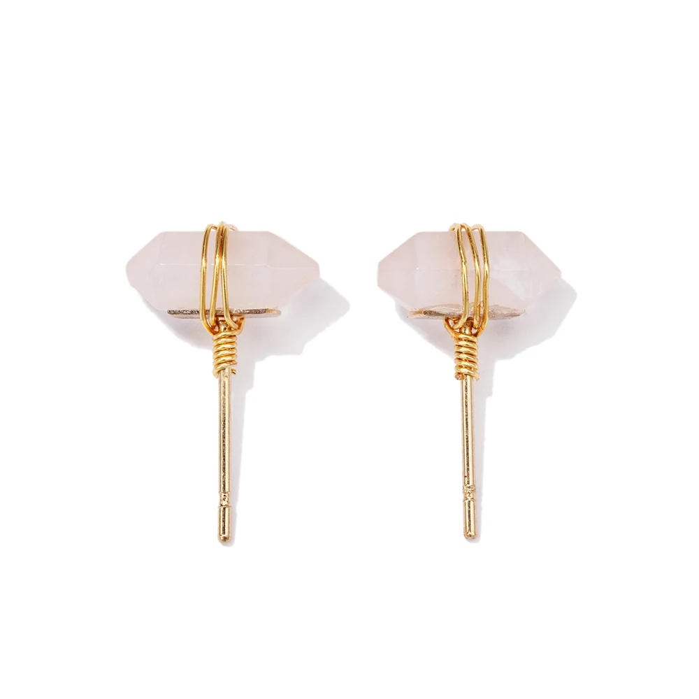 Real Crystal Rose Quartz Wire Wrapped Crystals Gemstones Earrings Hexagonal Round Beads Stone Stud Earrings Woman Jewelry
