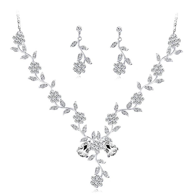 Fashion Luxury Bridal Jewelry Sets Chic Silver Color Crystal Rhinestone Flower Necklace And Earring Set Wedding Accessories