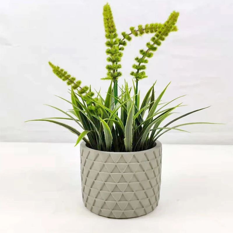 Minimalist Home Decoration Accessories Artificial Mini Potted Plants Table Faux Concrete Bowl Green Plastic Leaf Setaria Grass
