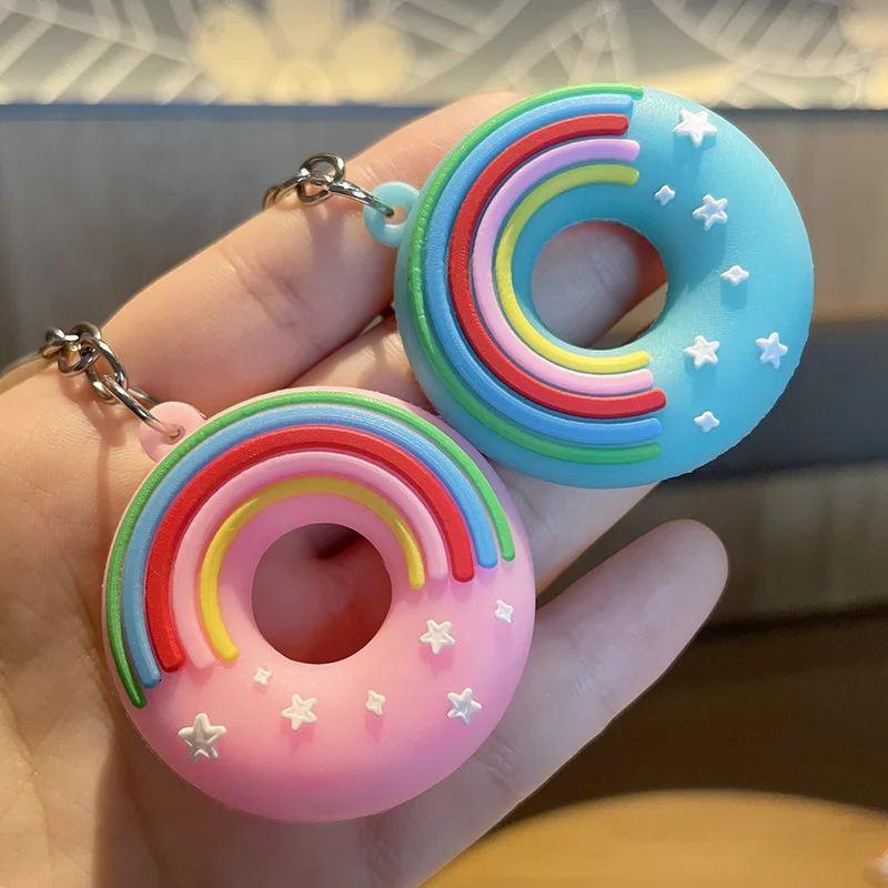 Cartoon Food 3D Silicone Sweet Donuts Keychain Cute Girl Bag Car Pendant charm donut keychain Rainbow Wristband Car Keyring