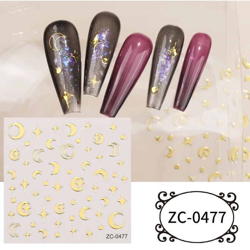 Wholesale Silver Gold Adhesive Decal Star Moon Stripe Design Nail Pack Nail sticker 3D nail art sticker