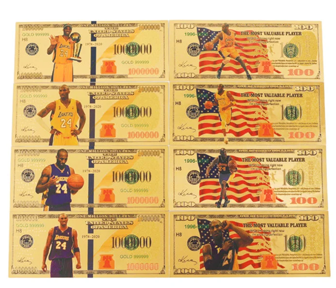 Коллекционные памятные банкноты Kobe $100 kobe, баскетбольные матчи, деньги из золотой фольги, стодолларовые купюры