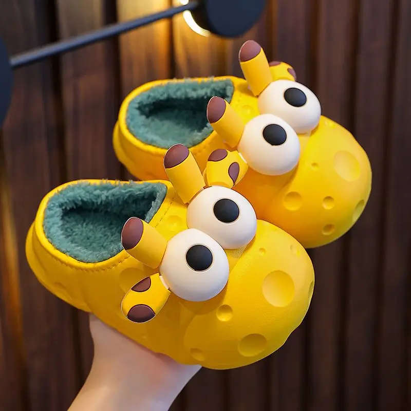 Cotton Slippers Kids Winter Indoor Plush Warm Non-Slip Waterproof Shoes Bag Heel Summer Spring Style Fur EVA Outsole Material