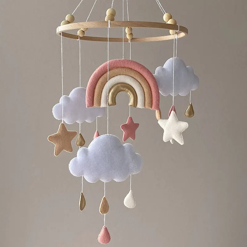 boho nursery decoration kids bed newborn stuffed felt toys pink gold raindrop custom rainbow baby mobiles for girls