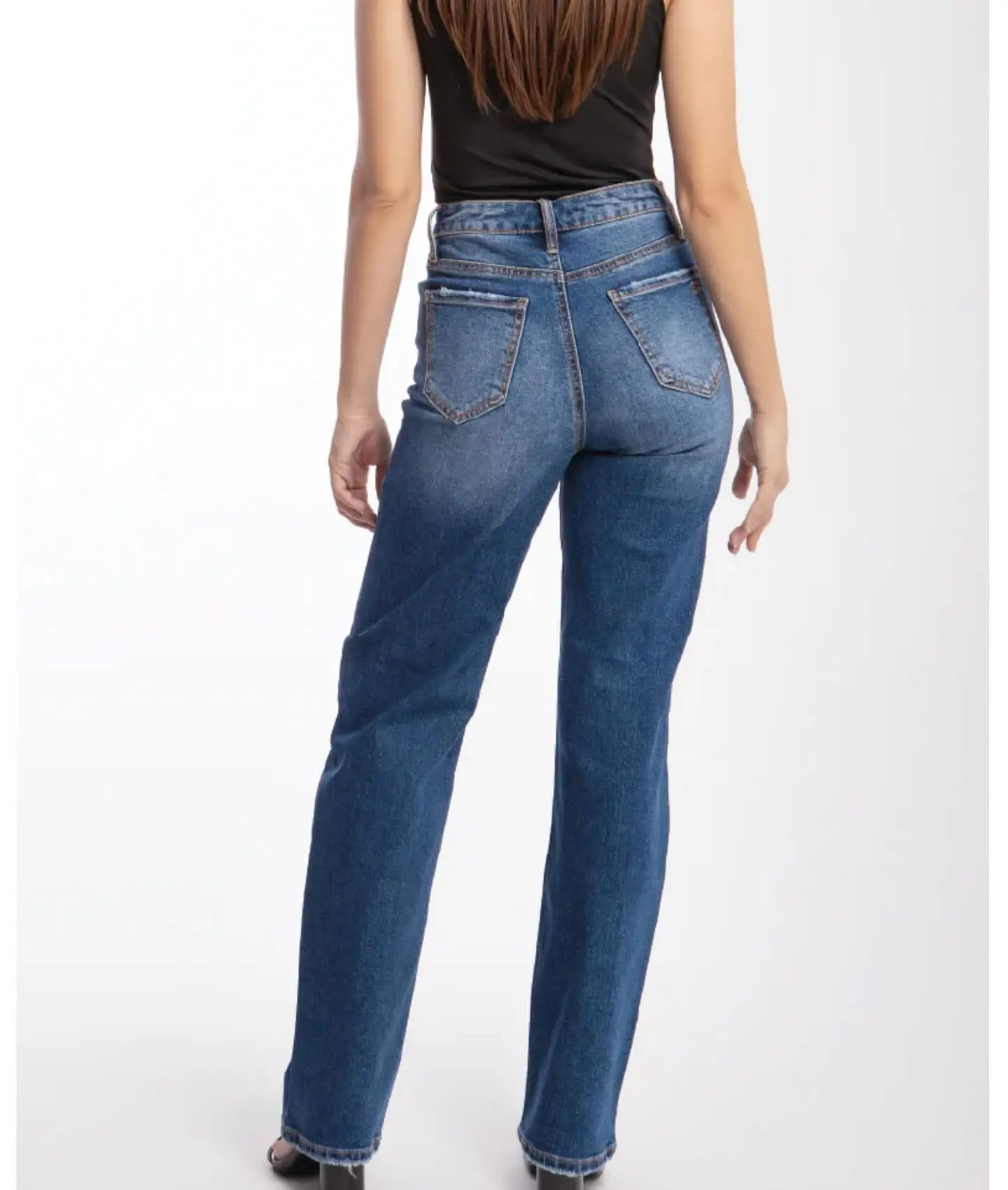 High Quality Stretch Slim High Rise Jeans Ankle Length Classic Denim Blue Wash Shank Button Custom Womens Ladies Jeans Trouser