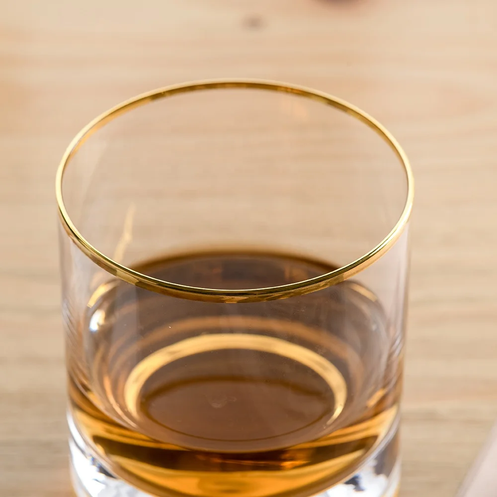 High Quality various style Luxury Custom Crystal Gold Rim Lead Free Handmade Round Whiskey Glass with gold sides