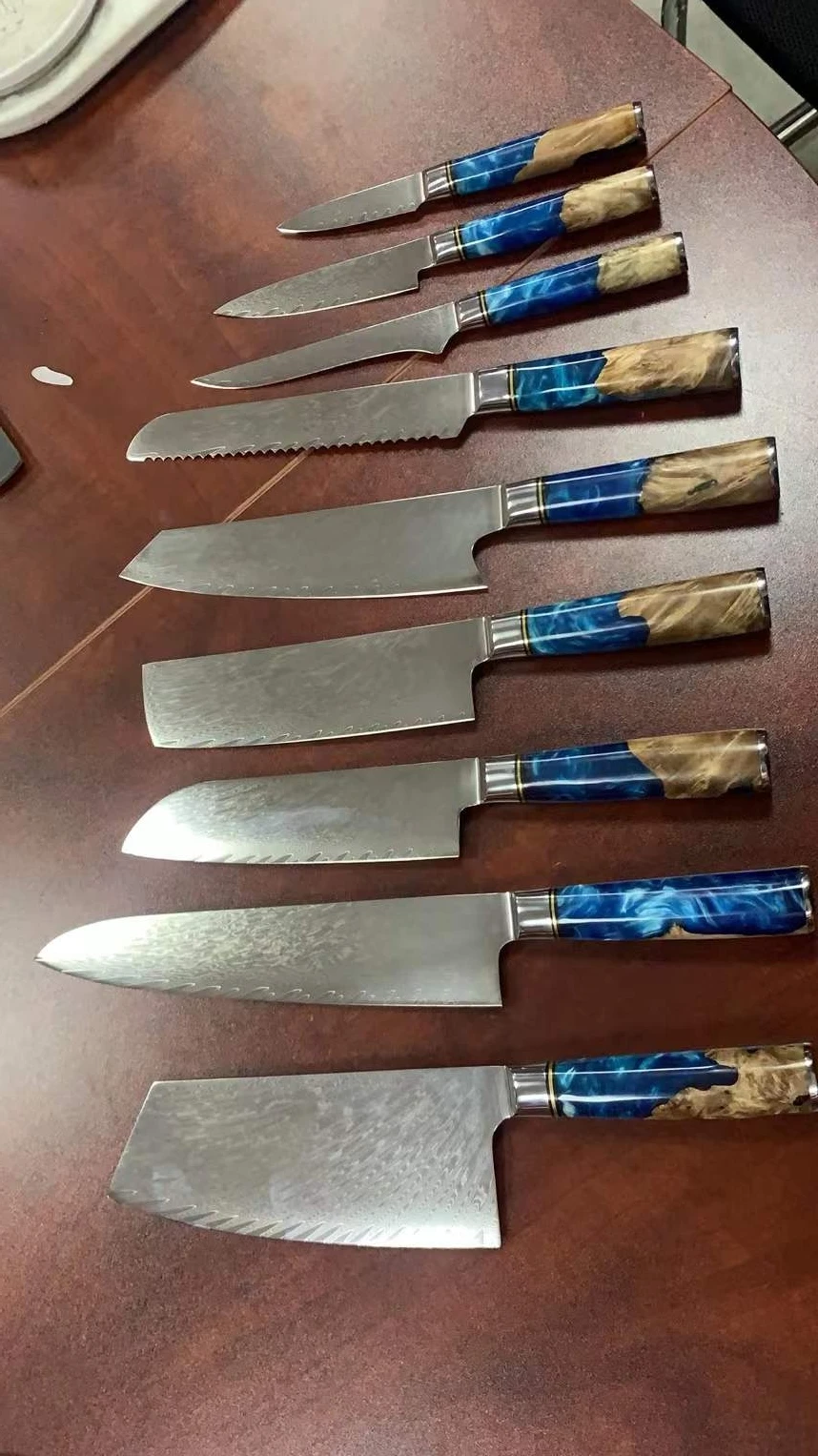 JDHS1B Kitchen 6pcs pack Knife Set VG10 Damascus Steel Blade Japanese Knife Straight Blue Resin Handle Cutliary 9pcs cutlery set