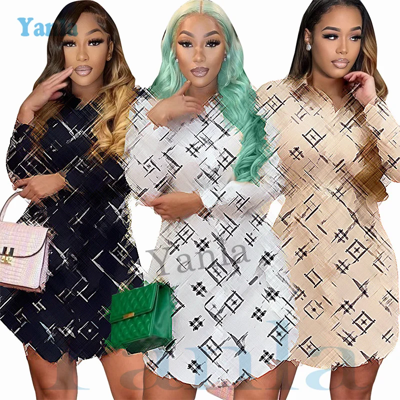 2023 New Arrival Designer Print Fall Clothing Dress Women Button Up Long Sleeve Luxury Shirt dress Famous Brand Casual Dress