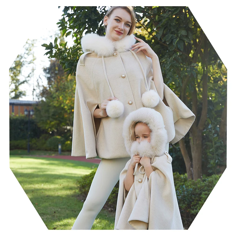 Janefur Winter Soft Cashmere Wool Coat Kids Big Fur Collar Cuffs Design Shawl Cape Wrap Kids Winter Cloak Coat