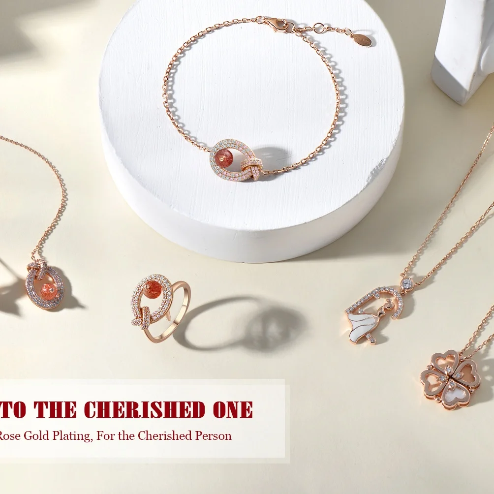Fine Vintage 925 Silver18K Gold Plated Zircon Pendant Chain Jewelry Gemstone Golden Strawberry Quartz Crystal Charms Rings