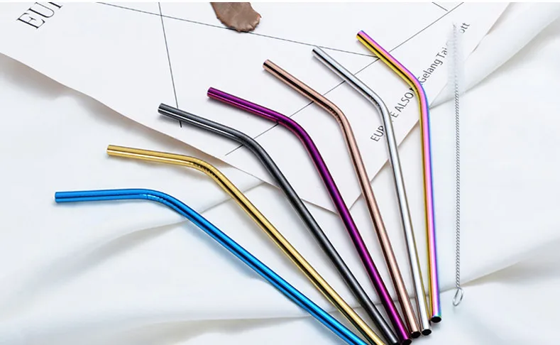Многоцветные разноцветные металлические соломинки, экологически чистые соломинки из нержавеющей стали, включая щетку для очистки