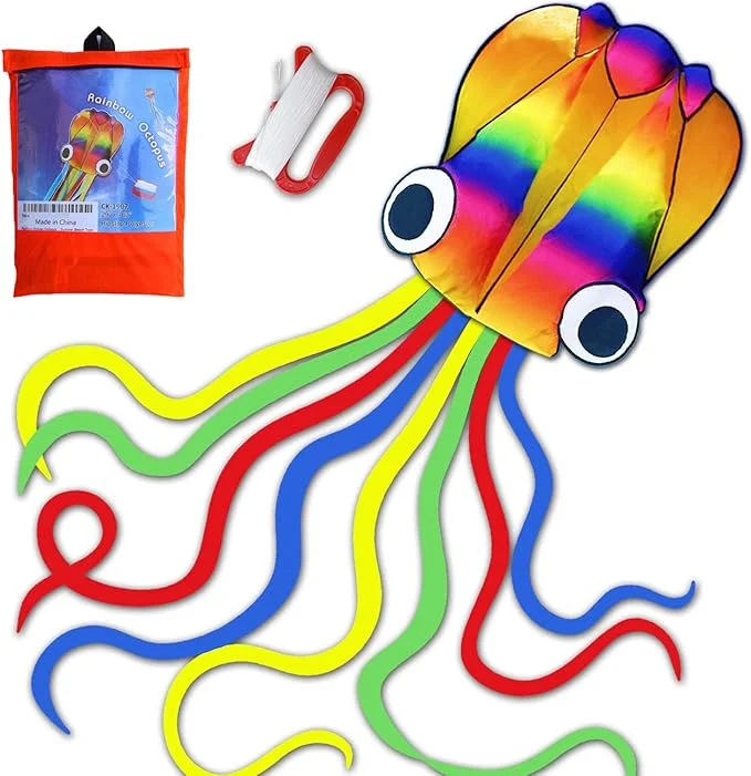 Large 3D Octopus Kite with Long Tail Easy-to-Fly Nylon Kites Flying for Kids for Outdoor Sports and Beach Flying Toys