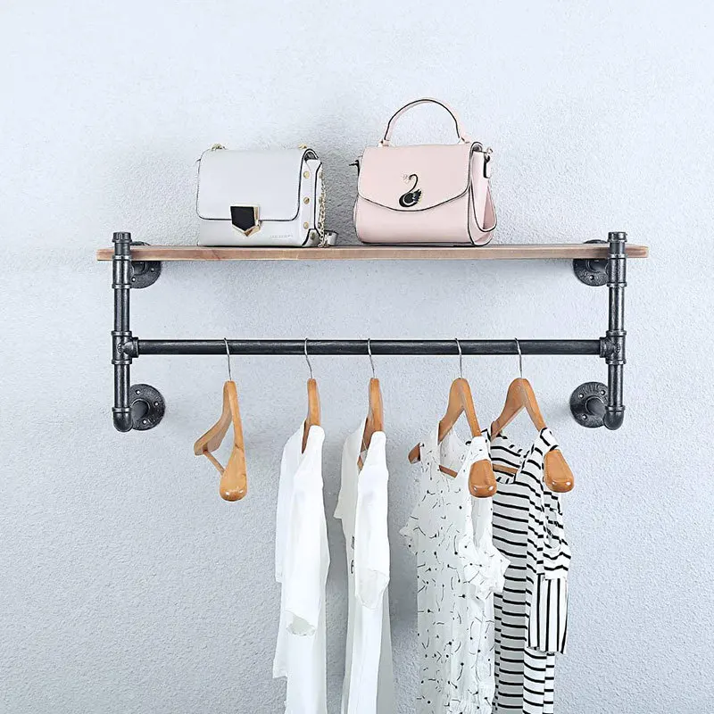 Indoor Cheap Display Clothes Rack Stainless Steel Wall Mounted Clothes Rack Clothes Storage Drying Rack With Shelf