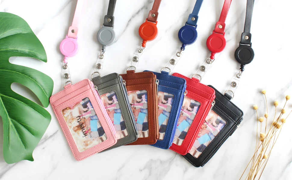 New ID Badge Holder Retractable Zip Lanyard With Leather card holder wallet customized