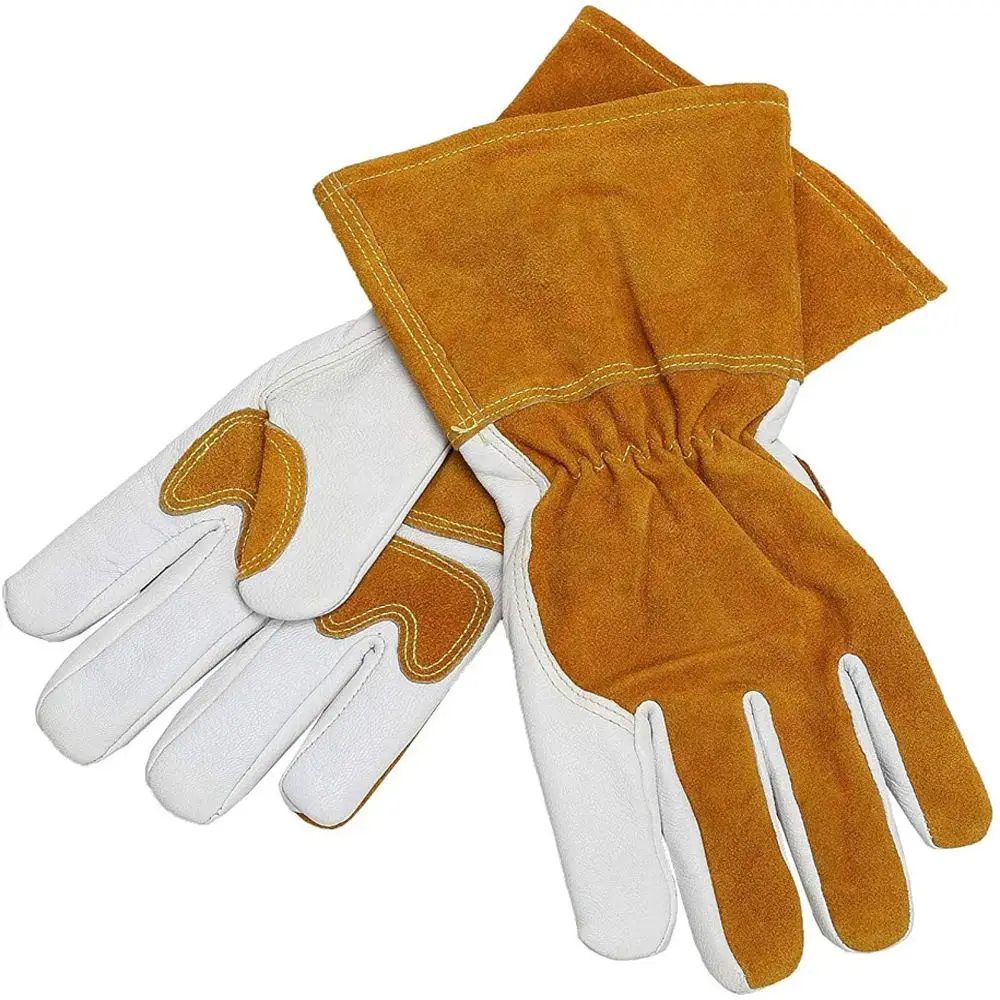 TIG MIG Welding White Yellow Argon 14 Inch Top Cow Split Cuff Sheep Palm Leather High Dexterity Extra Electric Gloves