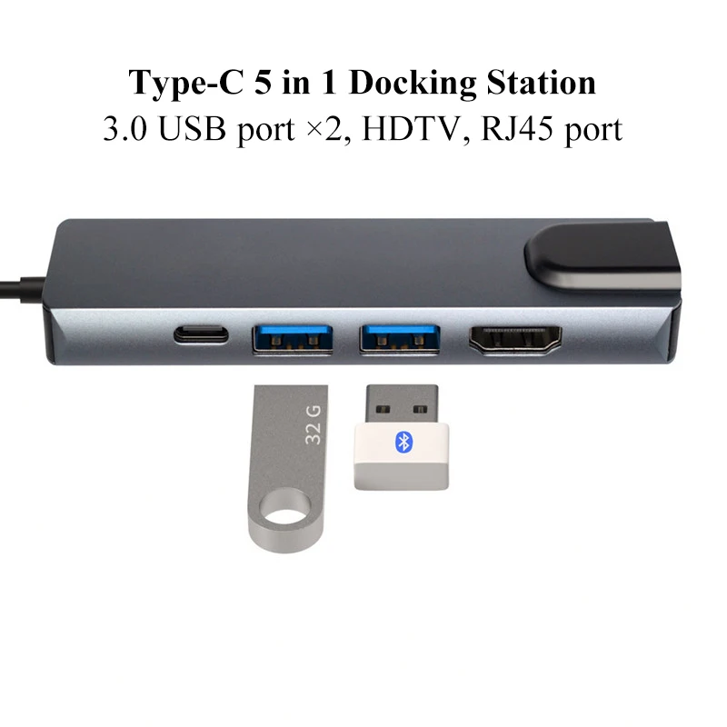 5 in 1  USB-C docking station with 4K HD HDTV VGA DVI cable hub USB adapter