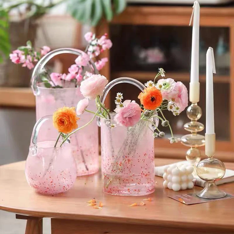 Big Size Pink bucket ornaments creative cultivated glass handbag bag Glass & Crystal Vases Pink Purse Vase