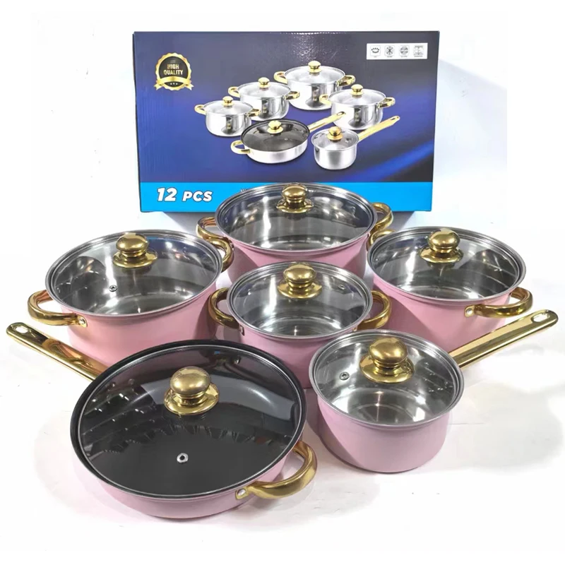 Low price non stick cookware set stainless steel kitchenware fry pan stock pot milk pot 12pcs cooking pot set