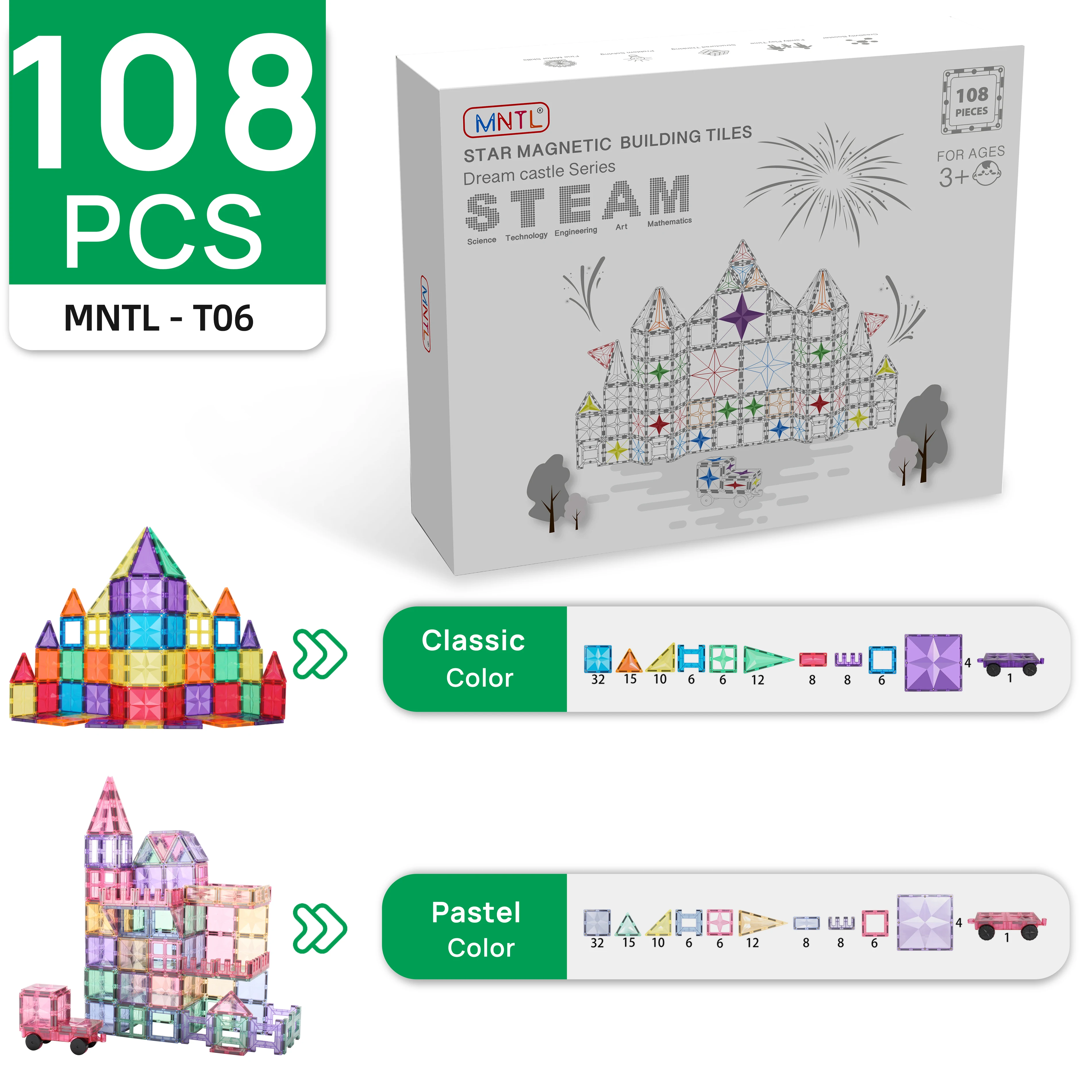 108psc Best Sale Mntl Star Magnetic Building Block Sets Construction Education Magnet Tiles Toy For Kids