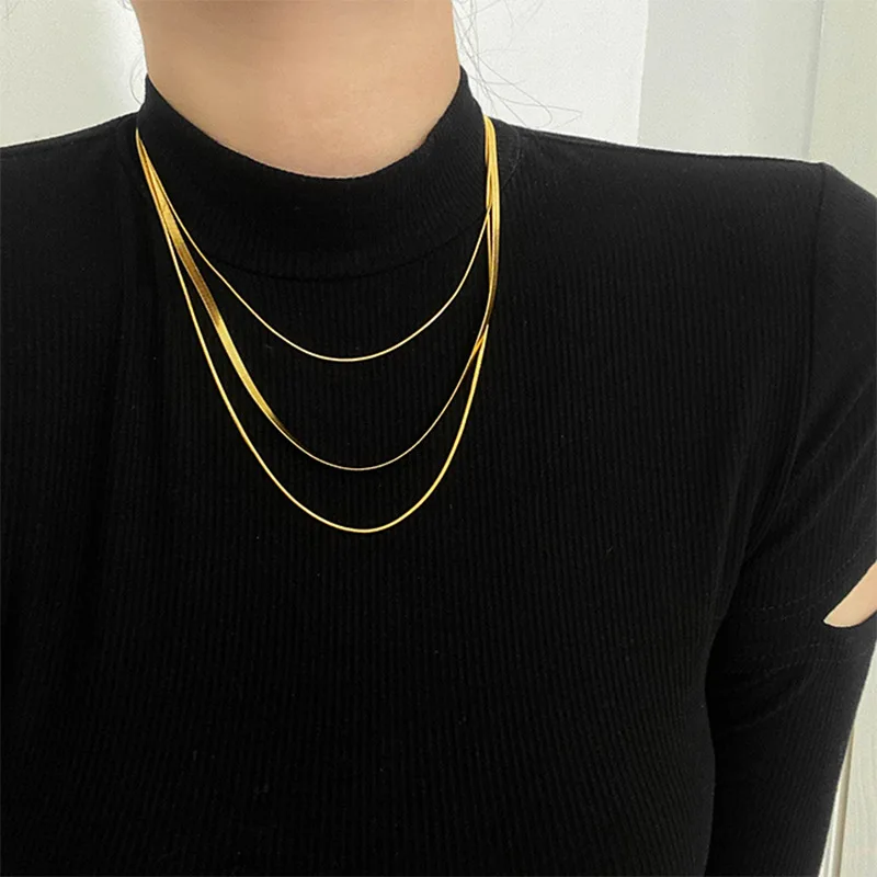 fashion simpleThree Layers Thin Snake Bone Chain Gold Plated Stainless Steel Jewelry Necklace for women