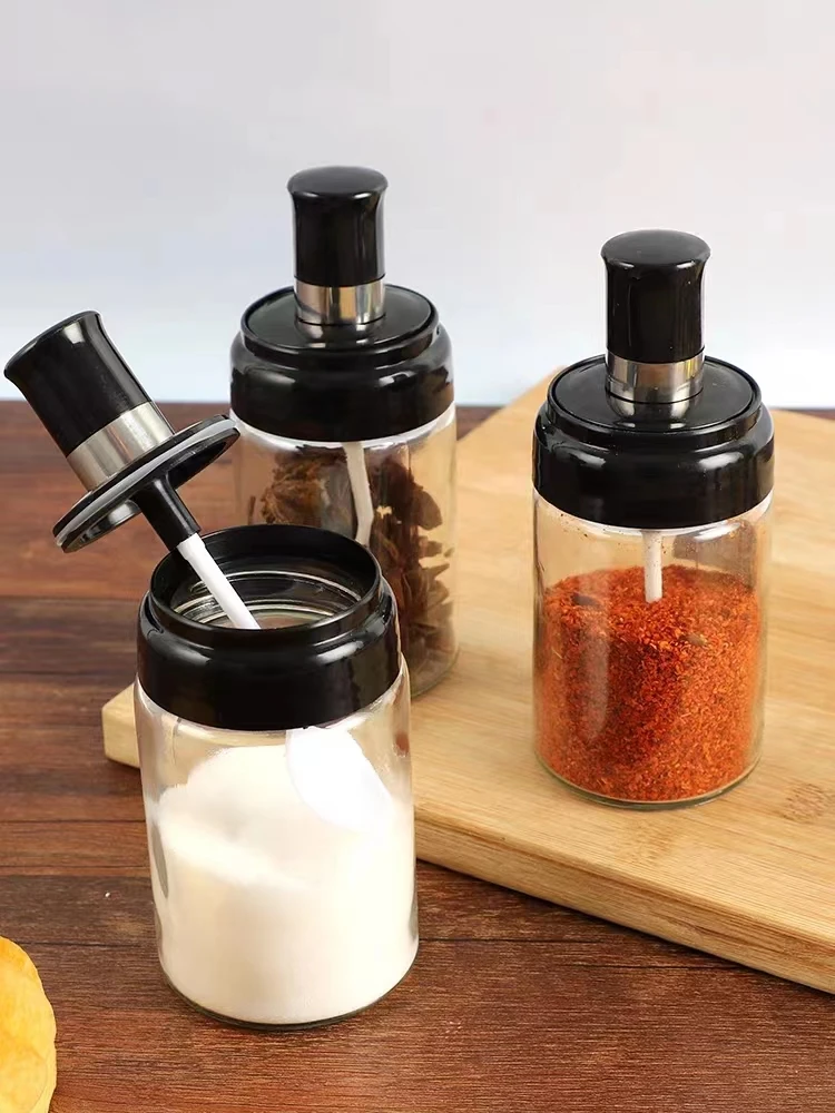 BBQ Glass Condiment Bottles Leak-proof Kitchen Seasoning Box With Spoon Oil Brush Honey Seasoning Jars