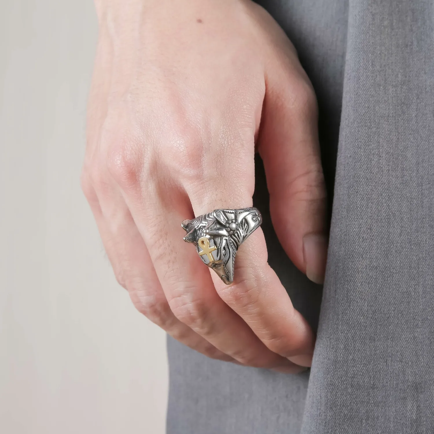 Retro Jewelry  Custom Ankh Cross Stainless Steel Ring Anubis God Ancient Egyptian Jackal Head Pattern Titanium Steel Ring Men