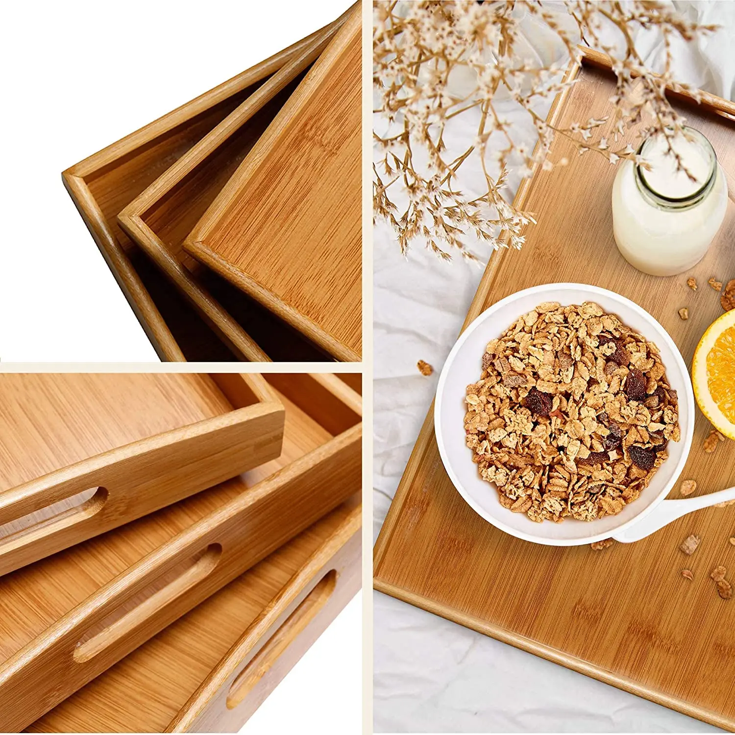 Serving Tray Set, Bamboo Serving Tray Set with Handles - Set of 3, Large, Medium, and Small Tray, Multi-use Bamboo Wood Serving