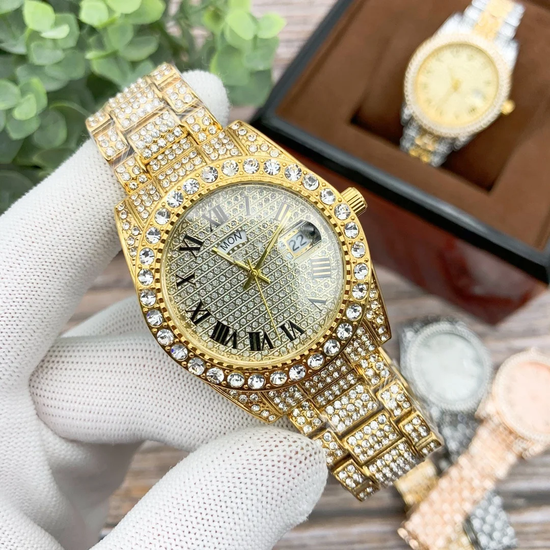 Wholesale High Quality Fully Rhinestone Diamond Hip Hop Color Gold Watch Men Luxury Iced Out Bling Wrist Watches