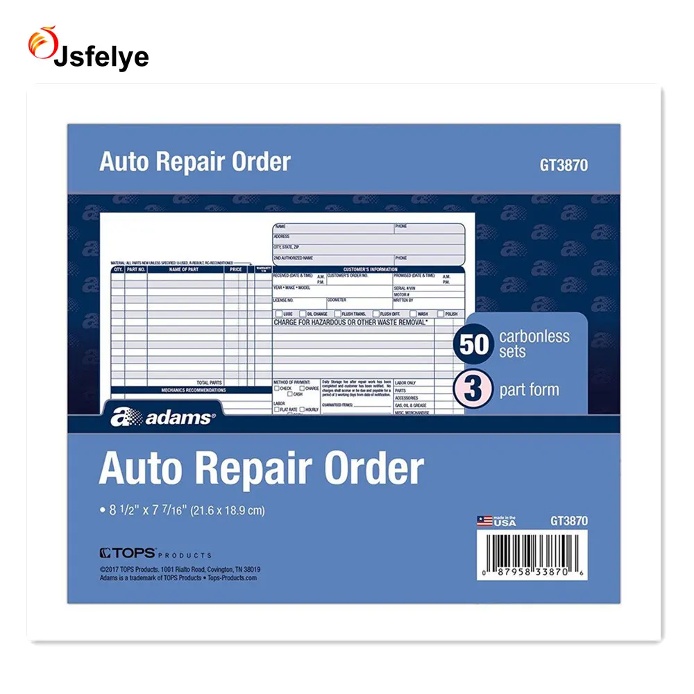8.5x7.44 in Carbonless 3-Part Auto Repair Order Invoice Books with Forms