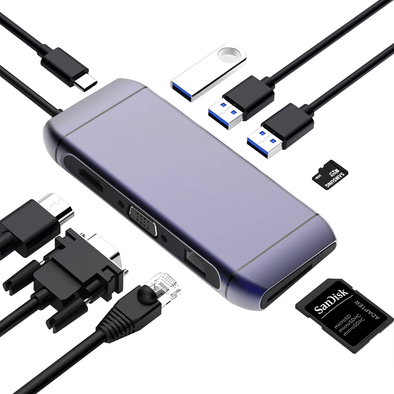 
Soomfon 9 Ports Dongle Docking Station USB3.0 TF/SD 1080P VGA OTG Adapter Hub USB C Type-c Hub 