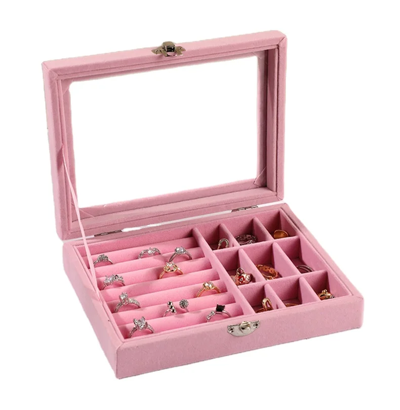 Large Capacity Pink Tray Transparent Showcase Ring Luxury Display Velvet jewelry Storage Box jewelry Organizer