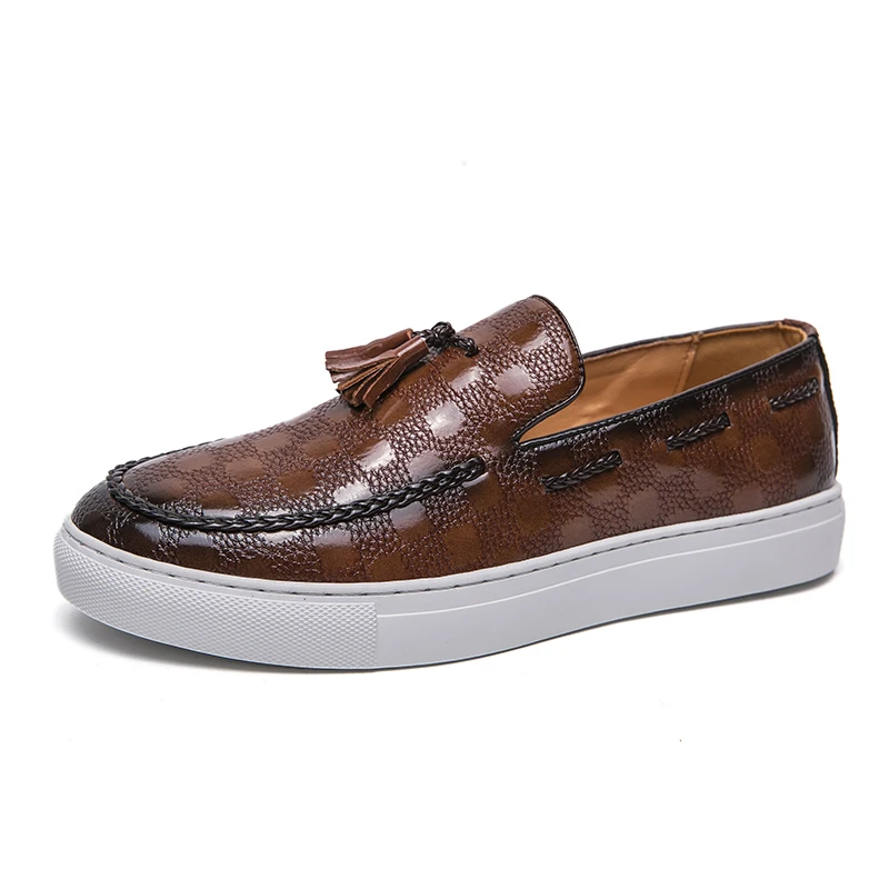 Round Toe Groom Bestman Wedding Shoes Comfortable Check Pattern Tassel Loafers for Men