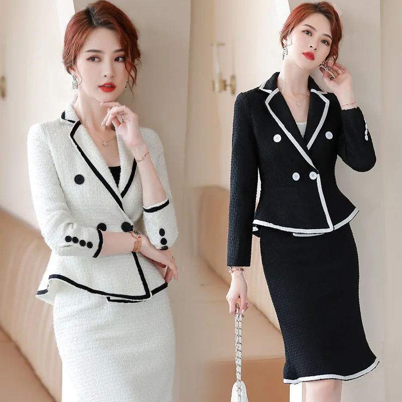Tweed Wholesale 2 Piece Set Ruffles Patchwork Fishtail Skirt Fashion Office Lady Womens Dresses