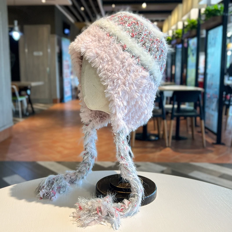 Striped Pattern Knitted Plush Beanie Cap Warm Thickened Women Hat Lady Beanie