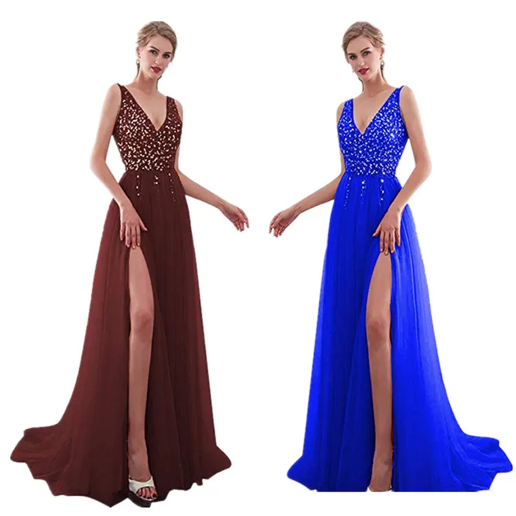 Factory Direct Sale Split Sexy V-Neck Open Back High Quality Gold Woman Long Wedding Guest Evening Wear Dress Elegant Deep V