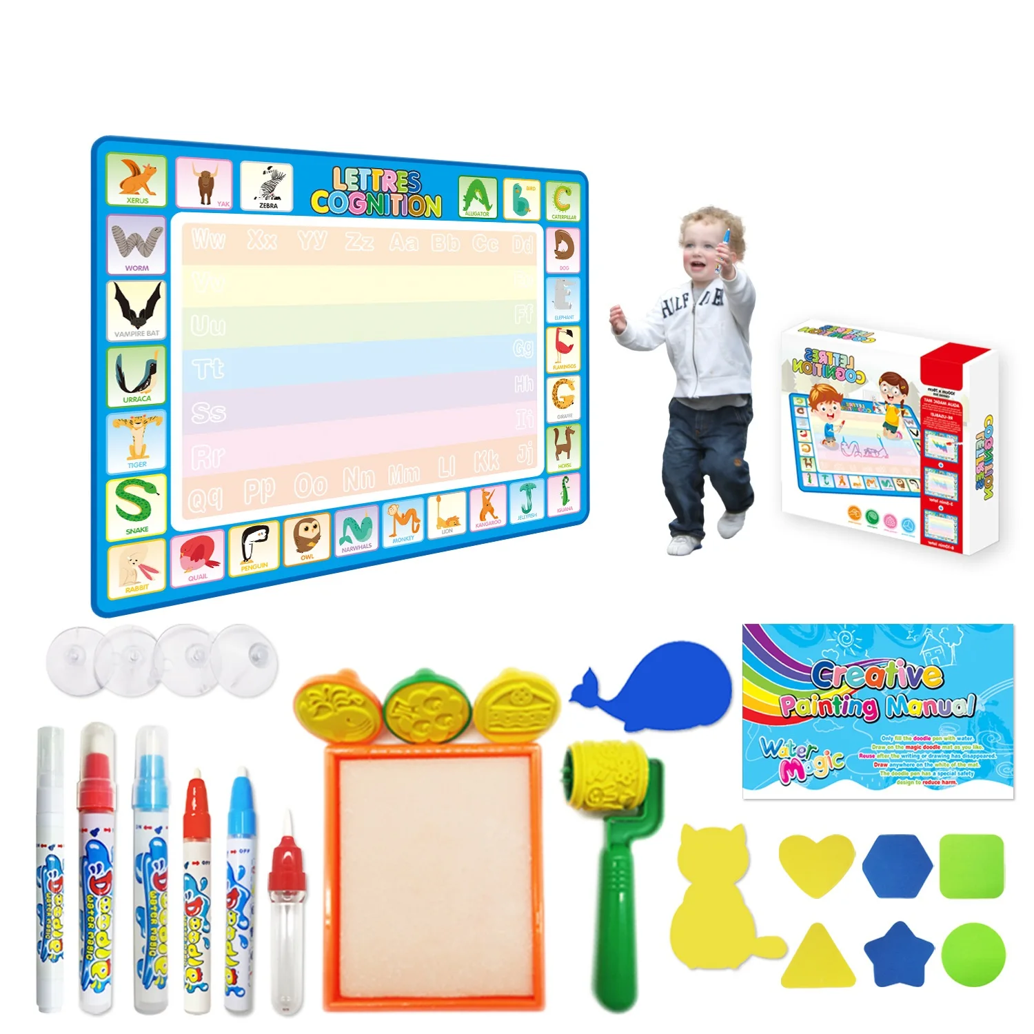 Large 120*80 Educational Water Doodle Mat Kids Magic Water Drawing Blanket Gift for 2-4 Years Box Packed Painting Toy