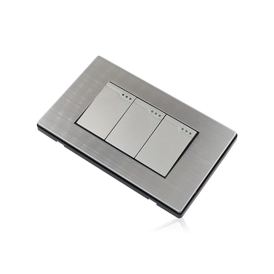 118K Series Stainless Steel Plate Decorative Wall Switch for Home Use 118*72mm 3 Gang 1 Way 2 Way US Standard Light Switch