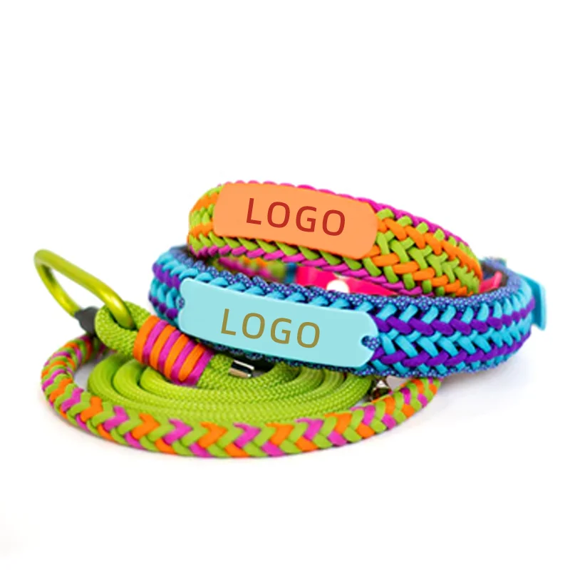 Custom Color Logo Pet Accessories Manufacture Personalized Adjustable Macrame Hand Woven Paracord Pet Dog Collar and Leash Set