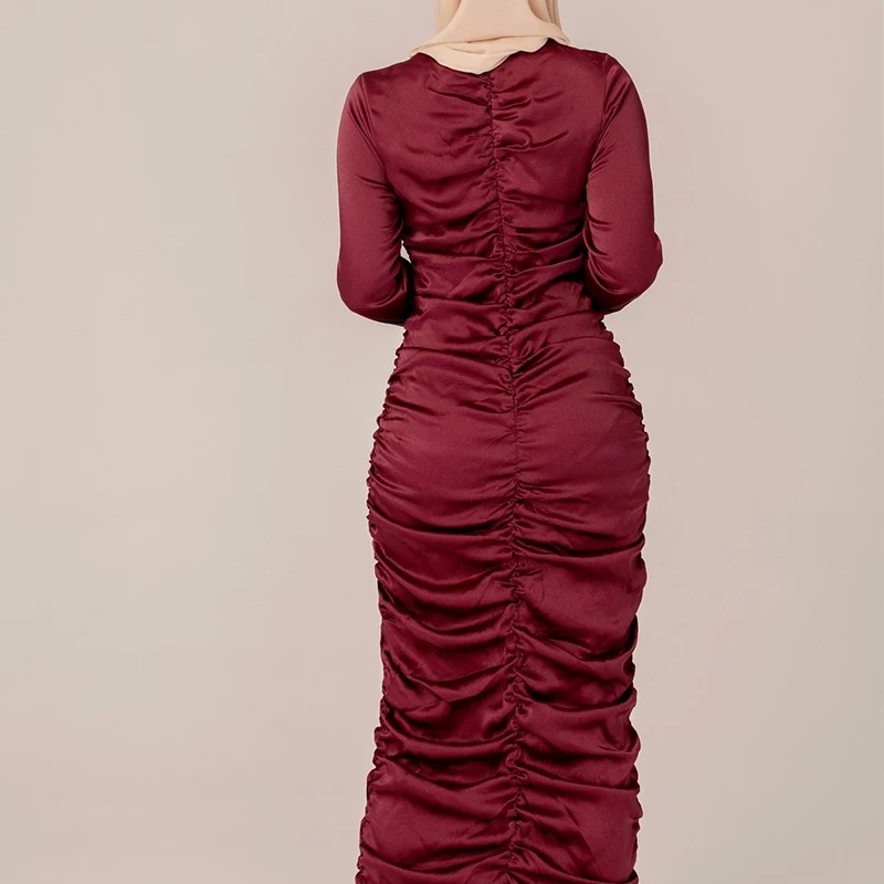 Wholesale Fashion Solid Maxi Dress for Women Eid 2023 Long Sleeve Slim Waist Mermaid Arabic Oman Muslim Clothes With Ruffle