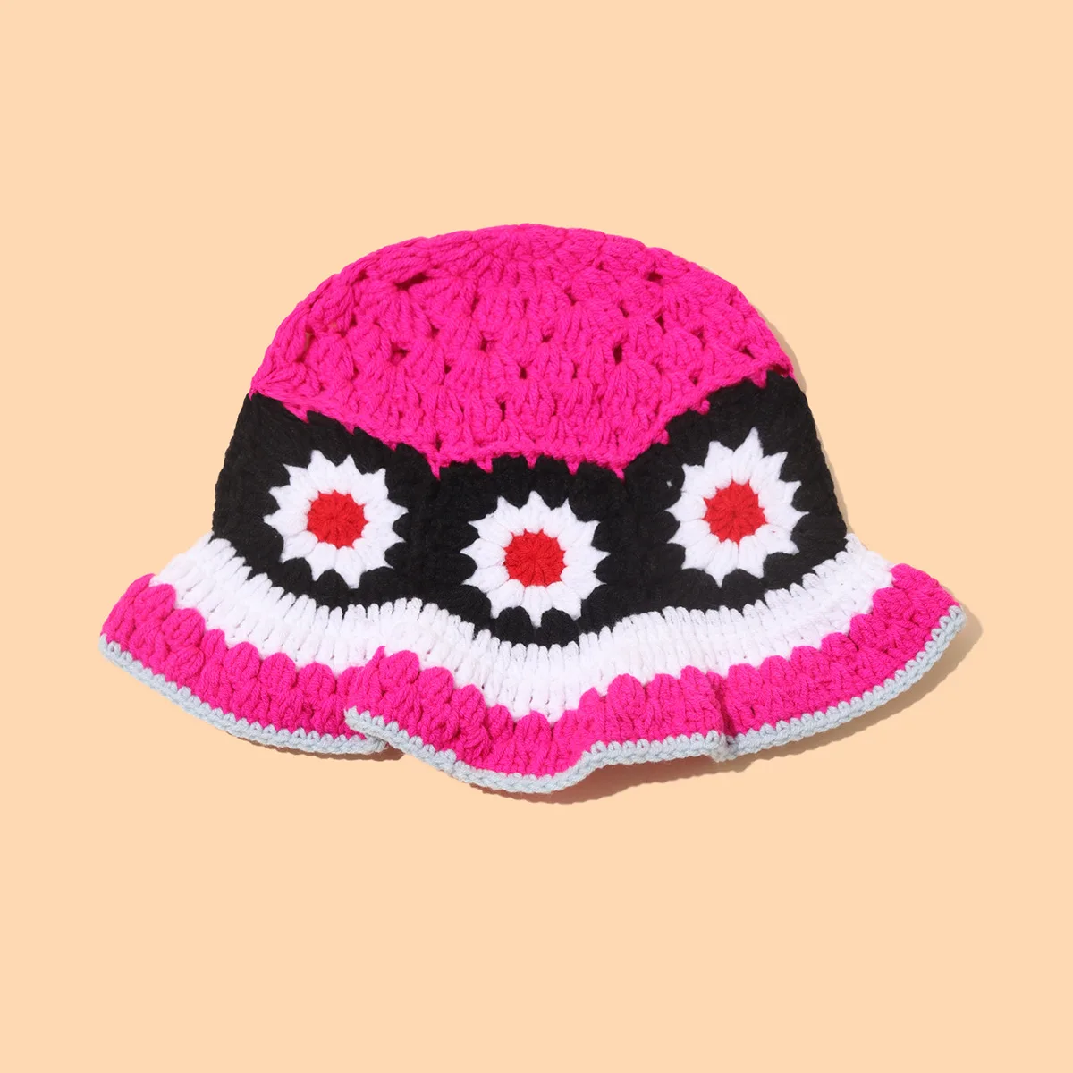 Crochet Bucket Hat Cherry Knitted Woolen Hat for Women Cute Beanies Cap Fall Winter Warm Fashion Splice Hat Beach