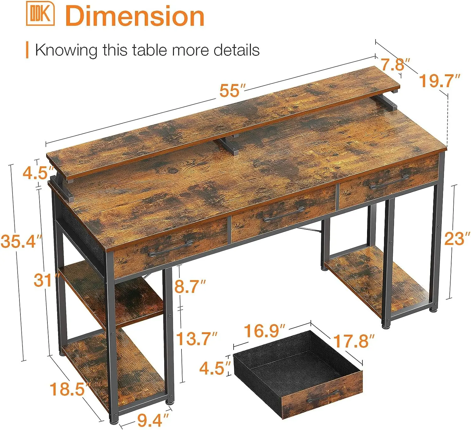 Ikegao 202355 inch Home Office Desk Modern Work Study Writing Table Desk Computer Desk with Drawers and Storage Shelves
