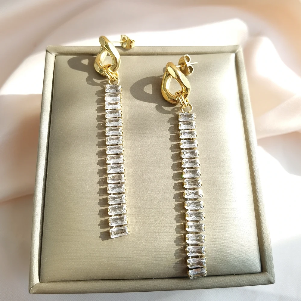 Iviapro New Arrival Luxury Clear Statement Party Cubic Zircon Long Stainless Steel Earrings Waterproof Jewelry