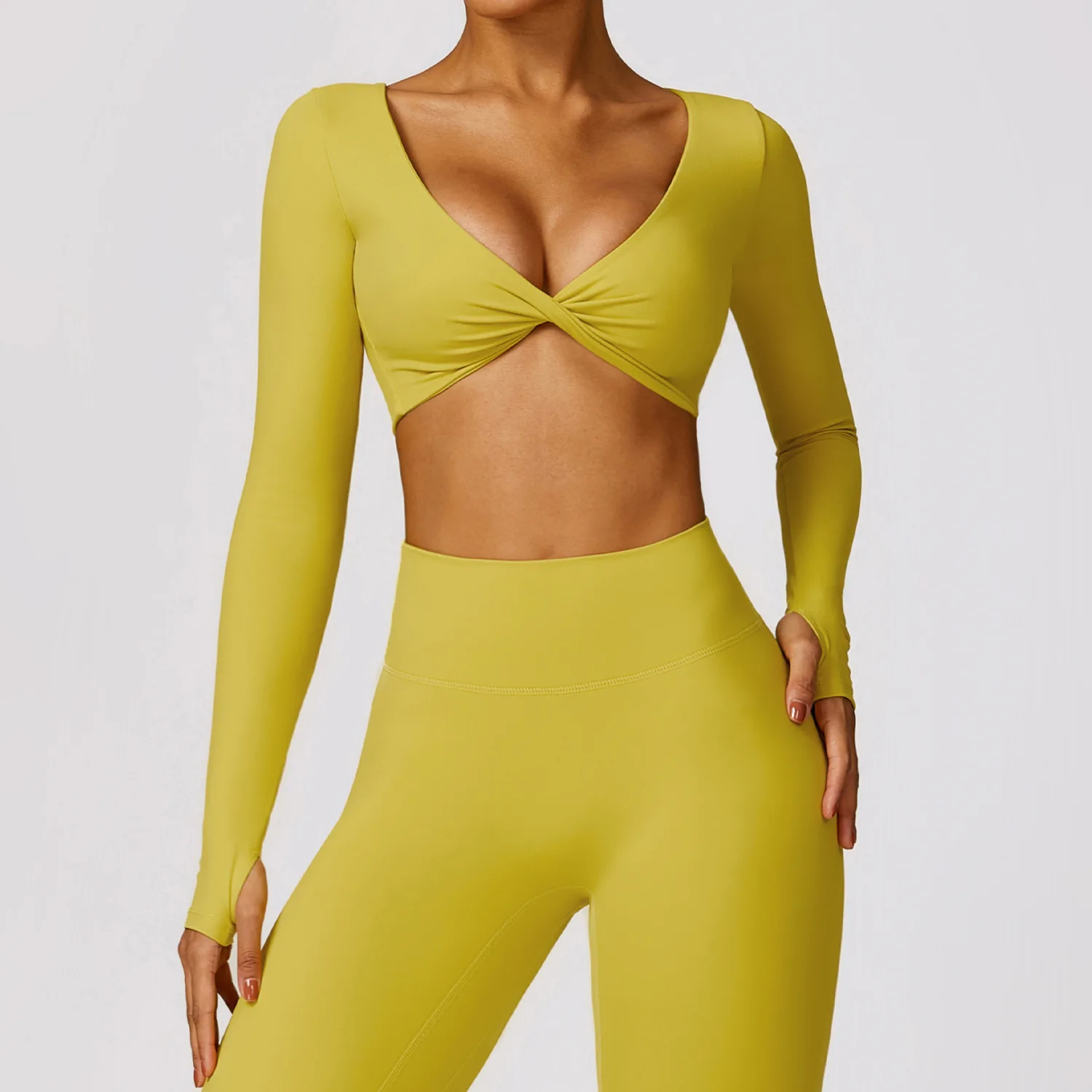New Arrived Sexy Athletic Cross Twist Front Workout Gym Sports Wear Fitness Running Yoga Long Sleeve Active Crop Top for Women