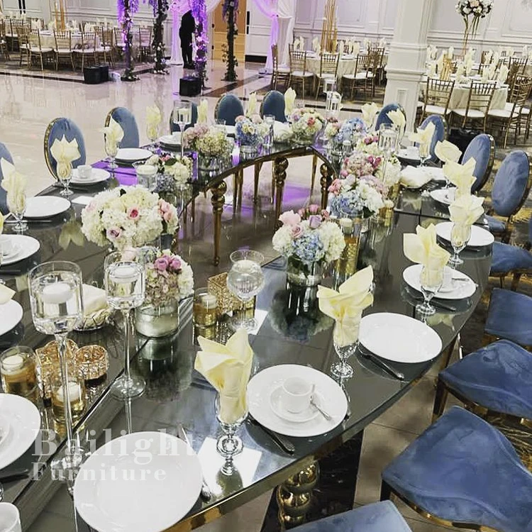 Mirror Glass Top Newest Design Half Moon/Oval Eye Shape Dining Table For Wedding