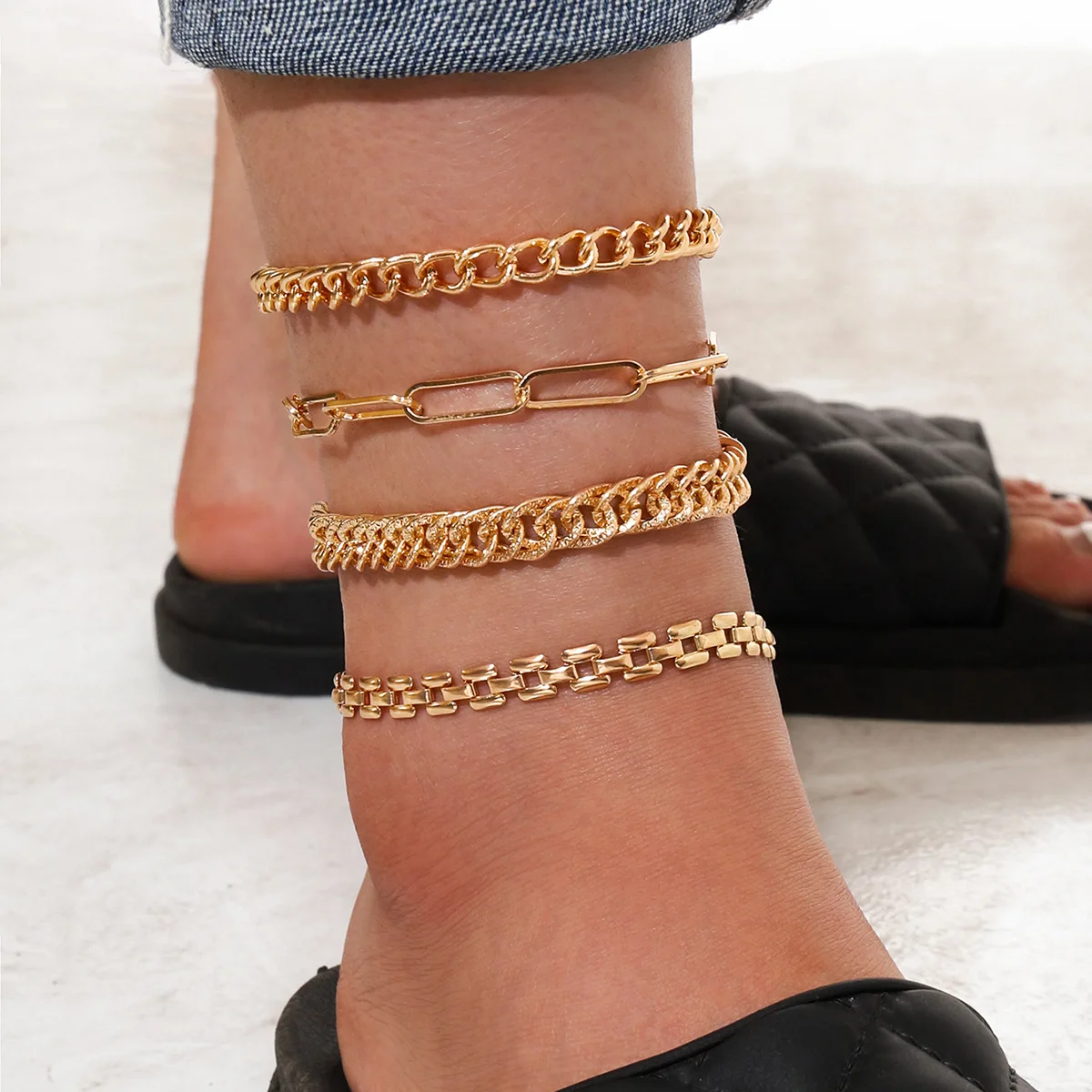 Go Party Fashion Jewelry Anklets 4Pcs Set Cuba Link Chain Anklets Foot Jewelry Alloy Watch Chain Tennis Chains Anklet For Women