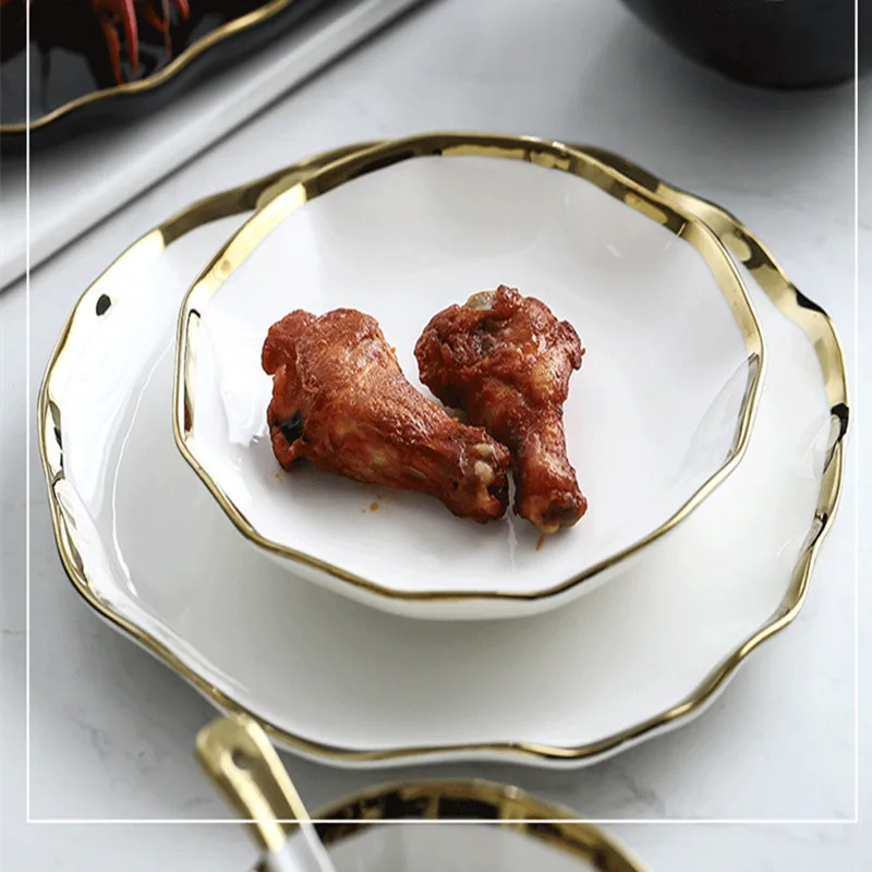 nordic luxury simple creative irregular rice bowl household gold rim dinnerware set restaurant