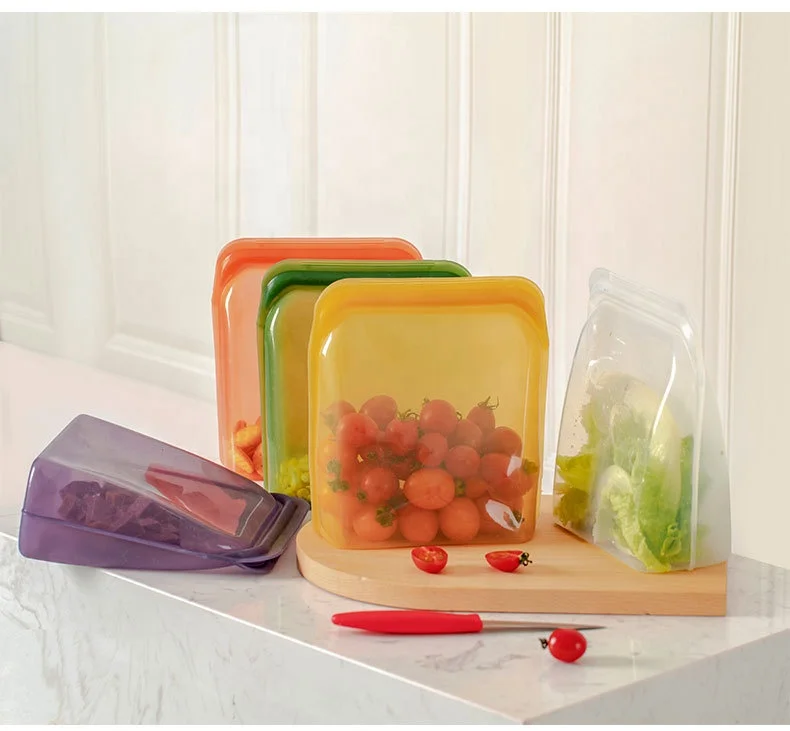 custom home 1600ml kitchen reusable transparent zipper zip lock foldable silicone food grade pouch storage bag