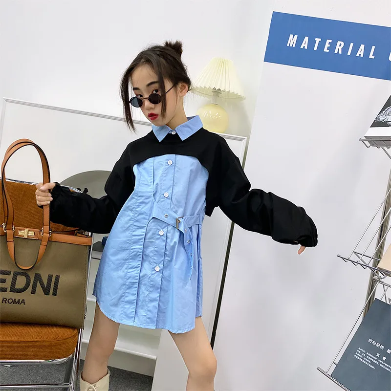 
2021 New Children Girl Blue Long Sleeve Dress Shirt with Crop Top 2 pcs Set 120-170cm Height 