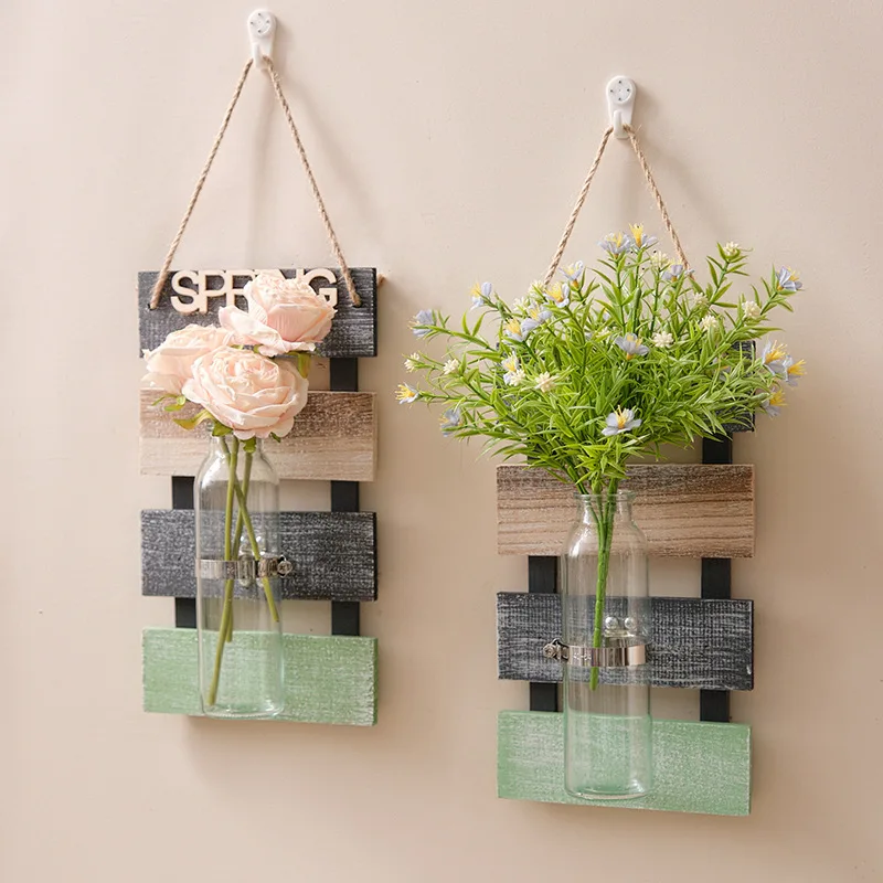 Farmhouse Rustic Glass Wooden Wall Vertical Planter Flower Plant Pot Wall Decor Pendant Wall Hanging Vase