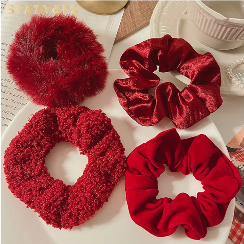 Winter Christmas Red Plush Hair Ties Scrunchies For Women Girls Simple Fashion Holiday Party Accessories Wholesale